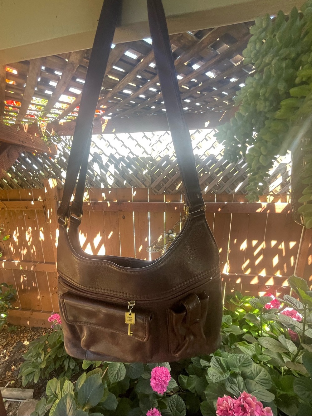 Fossil Dark Brown Pebbled Leather Shoulder Bag with Gold Hardware